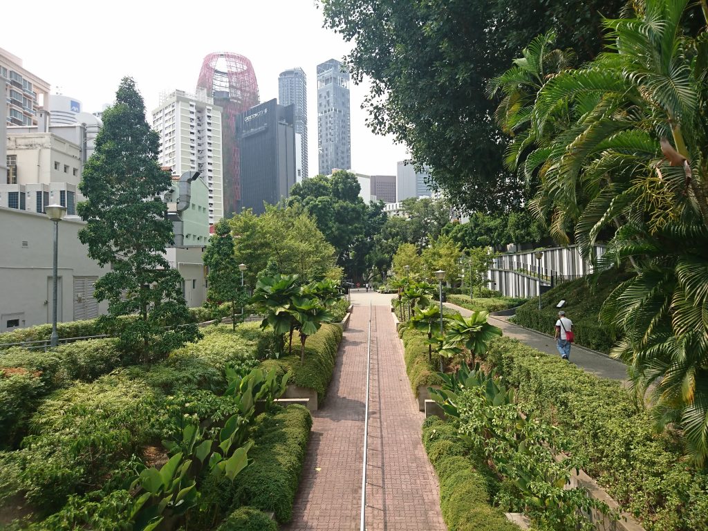 Green urban park with city skyline